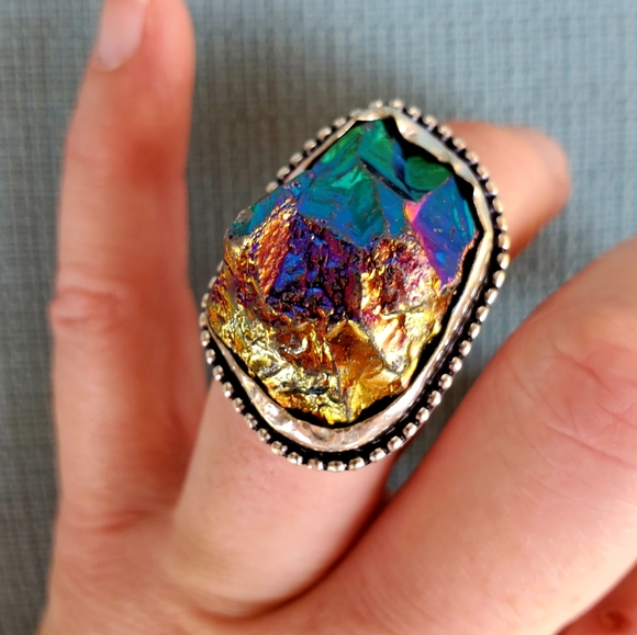 New Rainbow Titanium Crystal Quartz 925 Silver Statement Ring. - Picture 4 of 12